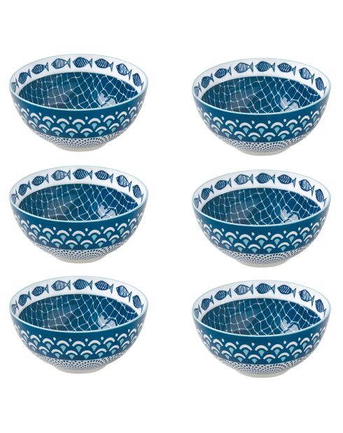 Lot de 6 bols en porcelain  motif SEA SHORE bleus - 12,5 cm