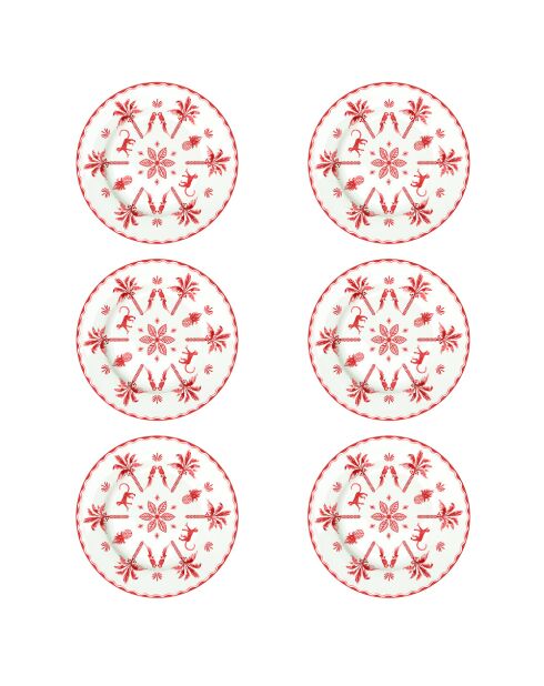 Set mit 6 EXOTIC VIBES weiß/roten Desserttellern - D.19 cm