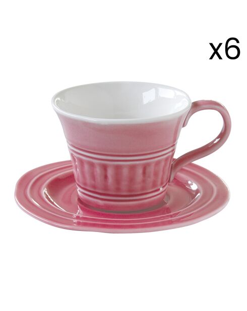 Lot de 6 Tasses avec soucoupes en porcelaine ABITARE rose foncé - 250 ml
