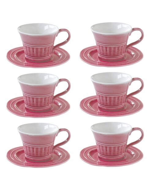 Lot de 6 Tasses avec soucoupes en porcelaine ABITARE rose foncé - 250 ml