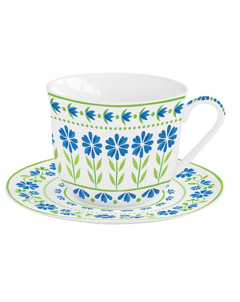 Tasse et soucoupe en porcelaine FLOWERS GARDEN vert/bleu - 370 ml