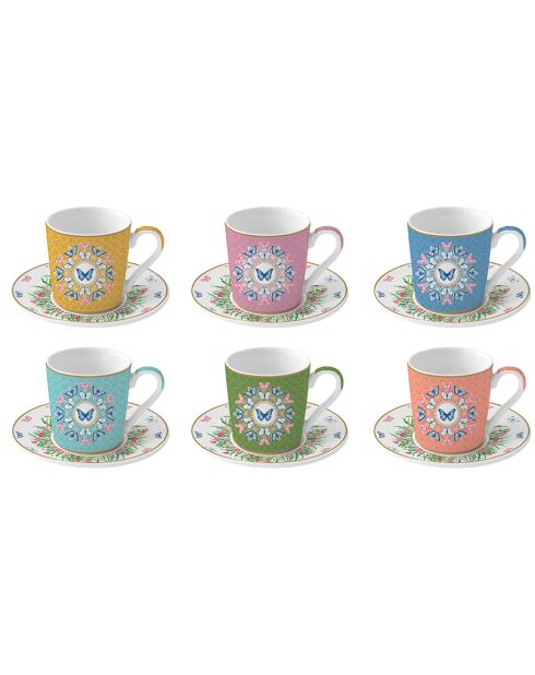 Lot de 6 tasses et soucoupes en porcelaine SPRING PARADE multicolores - 100 ml