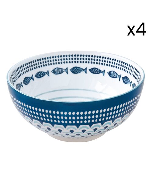 Lot de 4 bols en porcelaine, motif SEA SHORE bleus - 17,5 cm