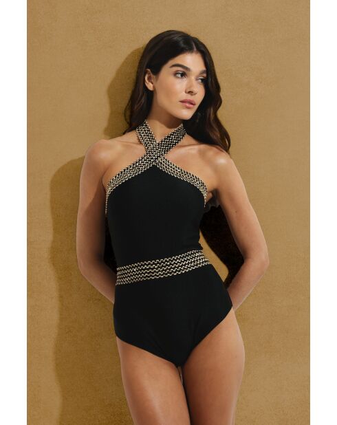 Luxe zwempak zwart met gekruiste hals, 1-delig