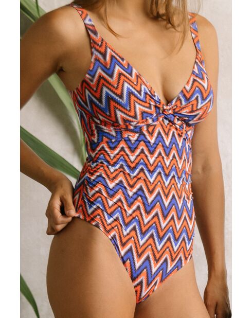 Bañador de una pieza con estampado étnico drapeado multicolor