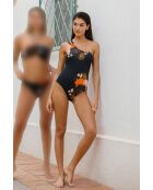 Orientalischer einteiliger schwarzer Schulter-Badeanzug mit Blumenmuster