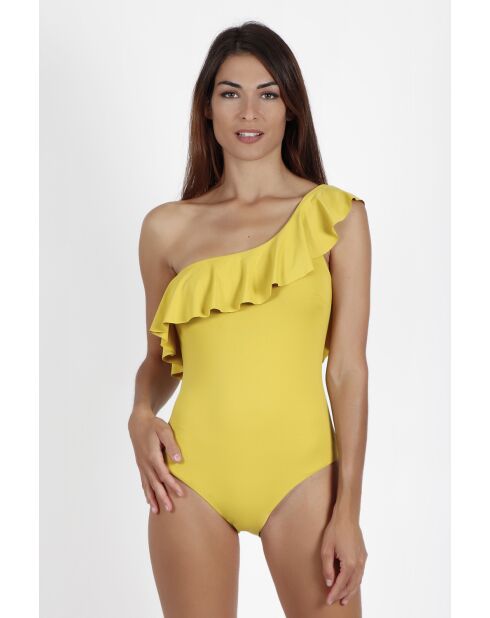 Geel badpak uit één stuk met ruches aan de zijkant
