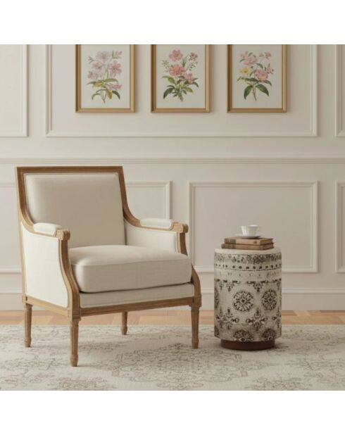 Tavolino con tessuto a motivi floreali, piano in marmo Manara multicolore - 30x30x45 cm