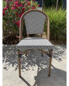 Stapelbarer Gartensessel BISTRO aus Aluminium in Holzoptik und braunem und blauem Textilene - 103x62x100cm