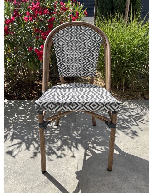 BISTRO stapelbare tuinfauteuil in aluminium houteffect en bruin en blauw textileen - 103x62x100cm