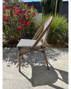 Stapelbarer Gartensessel BISTRO aus Aluminium in Holzoptik und braunem und blauem Textilene - 103x62x100cm