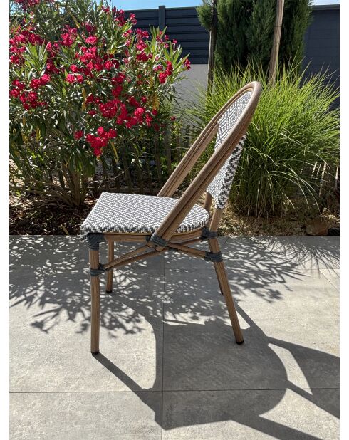 BISTRO stapelbare tuinfauteuil in aluminium houteffect en bruin en blauw textileen - 103x62x100cm