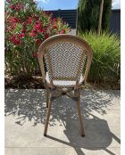 Stapelbarer Gartensessel BISTRO aus Aluminium in Holzoptik und braunem und blauem Textilene - 103x62x100cm