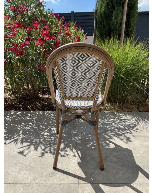 BISTRO stapelbare tuinfauteuil in aluminium houteffect en bruin en blauw textileen - 103x62x100cm