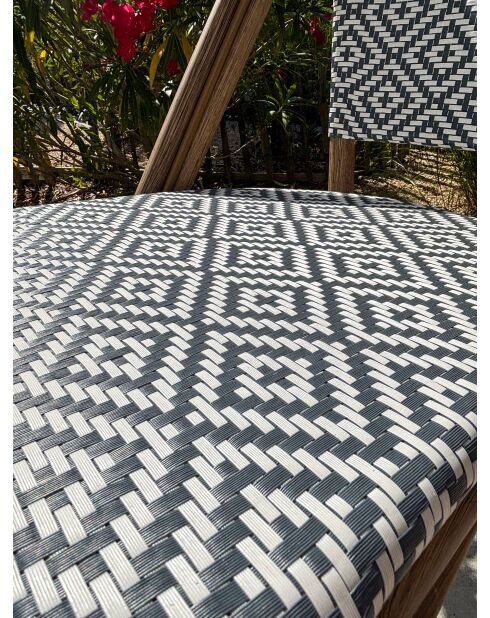 BISTRO stapelbare tuinfauteuil in aluminium houteffect en bruin en blauw textileen - 103x62x100cm