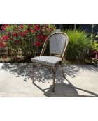 Stapelbarer Gartensessel BISTRO aus Aluminium in Holzoptik und braunem und blauem Textilene - 103x62x100cm