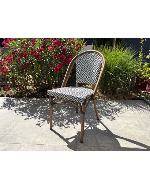 Stapelbarer Gartensessel BISTRO aus Aluminium in Holzoptik und braunem und blauem Textilene - 103x62x100cm