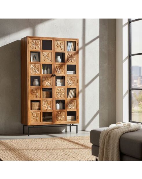 Bibliothèque sculptée 2 portes Manguier Sculture II beige - 112x45x197 cm