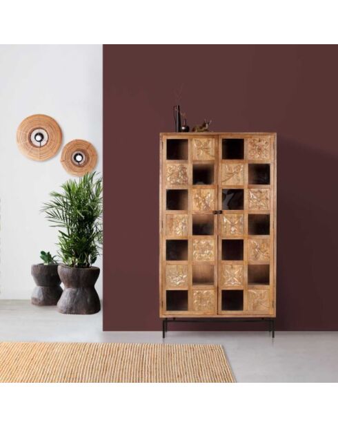 Bibliothèque sculptée 2 portes Manguier Sculture II beige - 112x45x197 cm