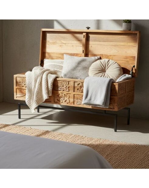 Geschnitzte Holztruhe aus Metall Manguier Sculture II beige - 100x40x45 cm