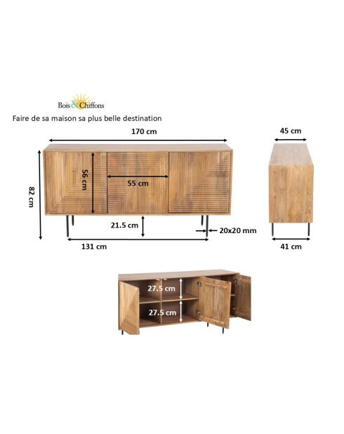 Laag dressoir gesneden hout 3P geometrisch patroon Manguier Maglan II beige - 170x45x80 cm