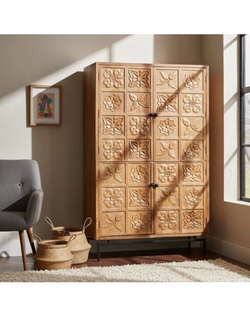 Armoire sculptée 2 portes Manguier Sculture II beige - 112x48x180 cm