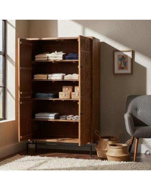 Armoire sculptée 2 portes Manguier Sculture II beige - 112x48x180 cm