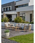 Salón de jardín bajo IBARRA de 5 plazas en aluminio imitación madera y cuerda tejida marrón y crudo