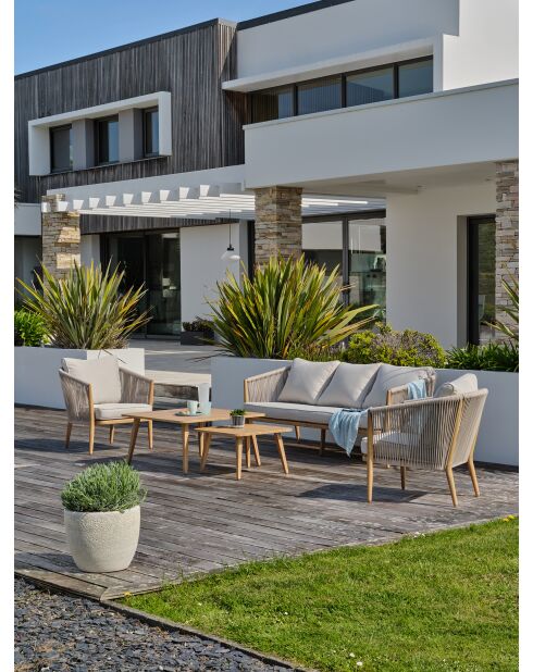 Salón de jardín bajo IBARRA de 5 plazas en aluminio imitación madera y cuerda tejida marrón y crudo