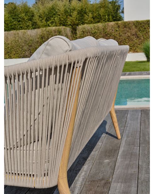 Salón de jardín bajo IBARRA de 5 plazas en aluminio imitación madera y cuerda tejida marrón y crudo