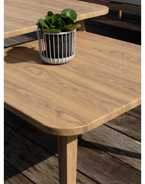 Salón de jardín bajo IBARRA de 5 plazas en aluminio imitación madera y cuerda tejida marrón y crudo