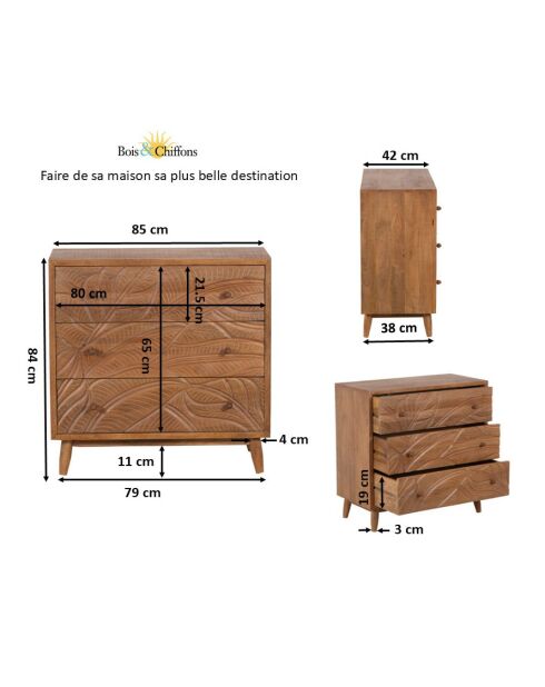 Uitgesneden dressoir met 3 laden Manguier Floria II bruin - 85x42x85 cm