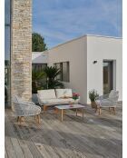 Salón de jardín bajo CUZCO de 5 plazas en aluminio, imitación madera y cuerda tejida marrón y blanca