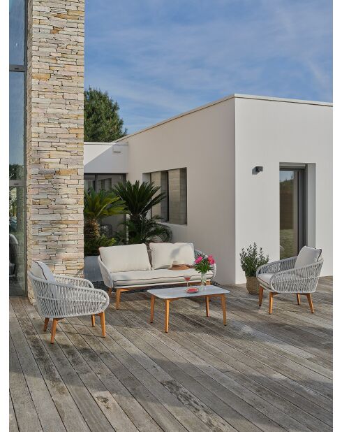 Salón de jardín bajo CUZCO de 5 plazas en aluminio, imitación madera y cuerda tejida marrón y blanca