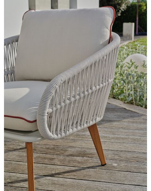 Salón de jardín bajo CUZCO de 5 plazas en aluminio, imitación madera y cuerda tejida marrón y blanca