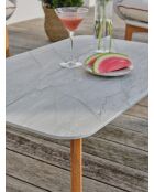 Salón de jardín bajo CUZCO de 5 plazas en aluminio, imitación madera y cuerda tejida marrón y blanca