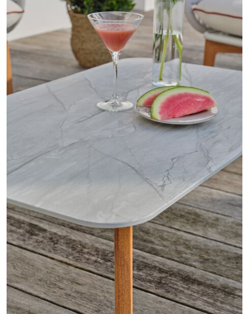 Salón de jardín bajo CUZCO de 5 plazas en aluminio, imitación madera y cuerda tejida marrón y blanca