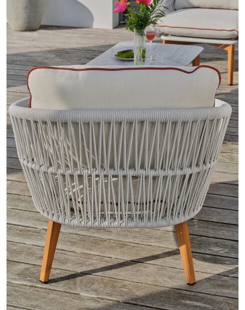 Salón de jardín bajo CUZCO de 5 plazas en aluminio, imitación madera y cuerda tejida marrón y blanca