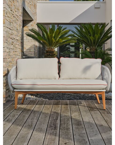 Salón de jardín bajo CUZCO de 5 plazas en aluminio, imitación madera y cuerda tejida marrón y blanca