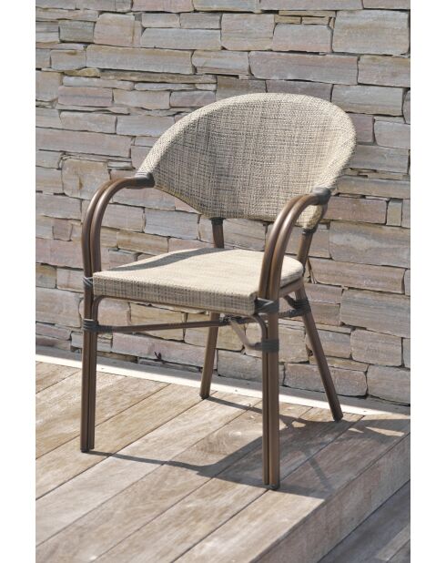 USHUAIA Stapelbarer Gartensessel aus beigem Textilene und braunem Aluminium - 103x62x100cm