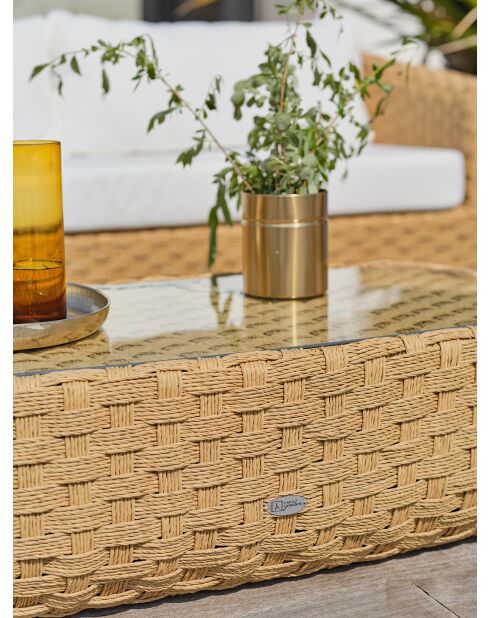 Salotto da giardino basso a 5 posti RAMATUELLE in alluminio e resina intrecciata marrone e bianca