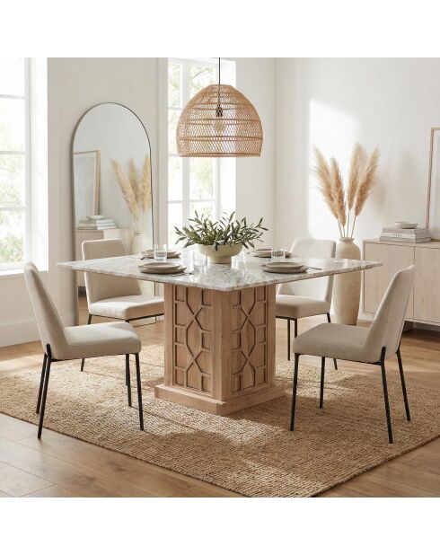 Quadratischer Esstisch mit beiger Marmorplatte aus Akazienholz Punjab-II - 130x130x76 cm