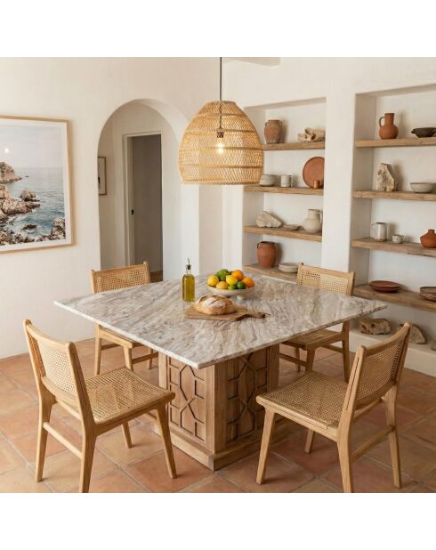 Quadratischer Esstisch mit beiger Marmorplatte aus Akazienholz Punjab-II - 130x130x76 cm