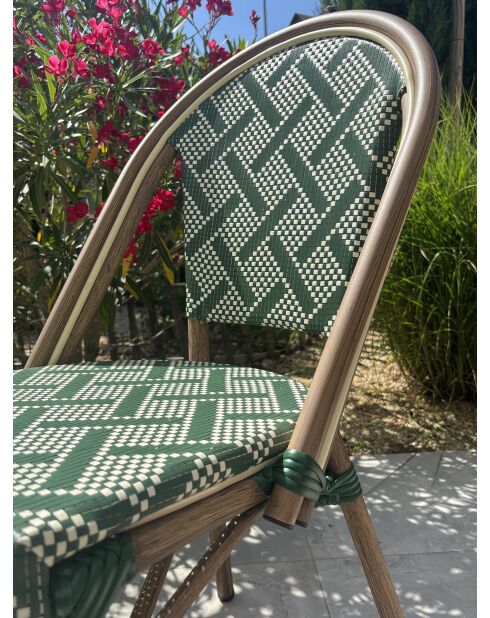 Fauteuil de jardin empilable BISTRO en aluminium effet bois et textilène marron et vert - 103x62x100cm