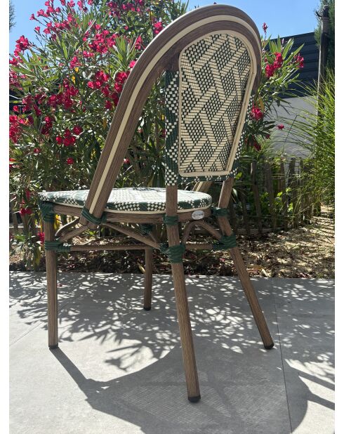 Fauteuil de jardin empilable BISTRO en aluminium effet bois et textilène marron et vert - 103x62x100cm