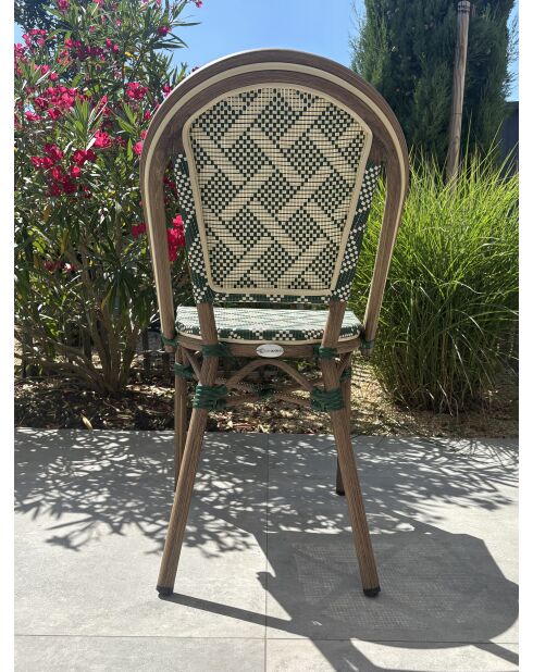 Fauteuil de jardin empilable BISTRO en aluminium effet bois et textilène marron et vert - 103x62x100cm