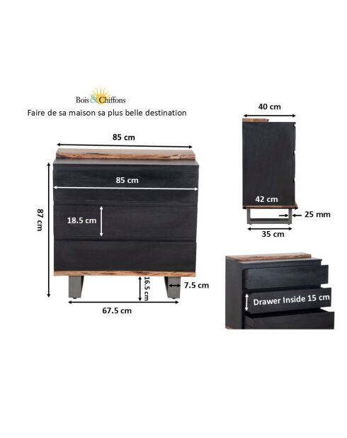 Acacia Black II zwart dressoir met 3 laden - 85x42x85 cm