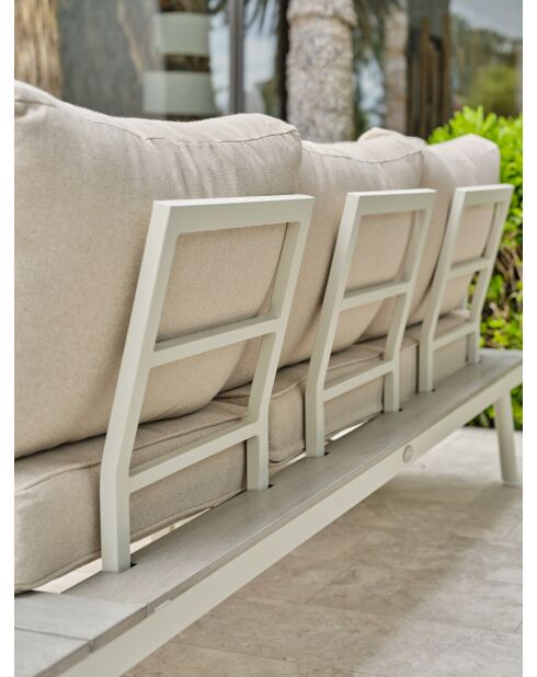 OSAKA, mobili da giardino angolari a 5 posti, alluminio grigio, imitazione legno e alluminio bianco e grigio