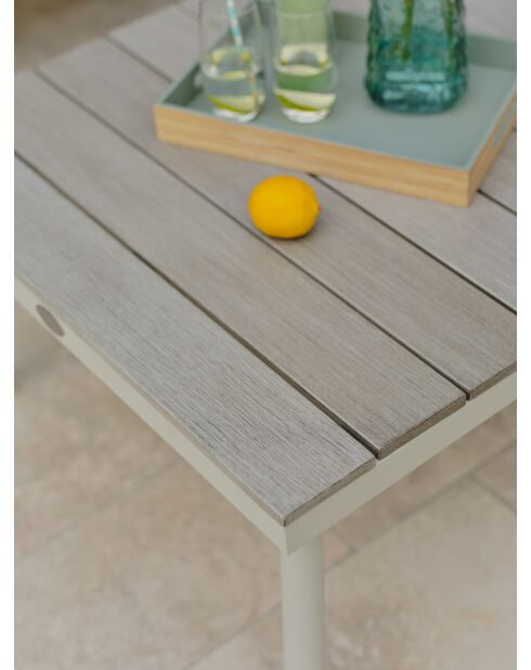 OSAKA, mobili da giardino angolari a 5 posti, alluminio grigio, imitazione legno e alluminio bianco e grigio