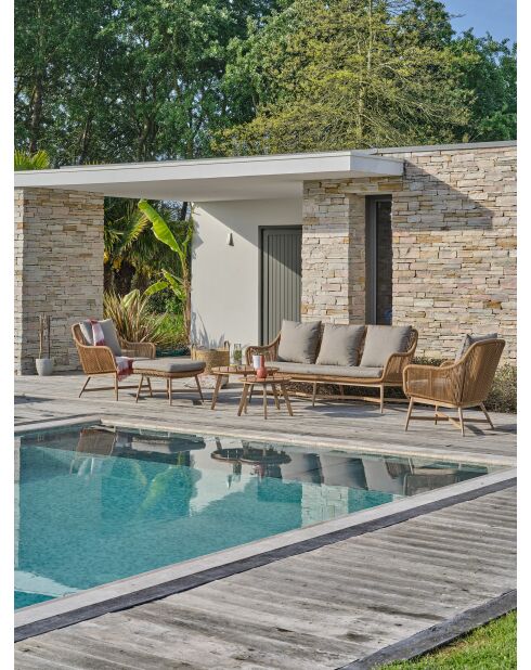 Salón de jardín bajo PALMAS de 5 plazas en aluminio, teca y cuerda tejida marrón y gris